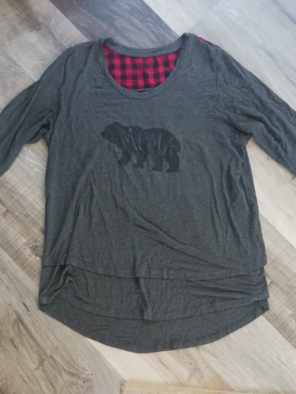 Latched Mama Charcoal Long-Sleeve Tee with Red Plaid Yoke